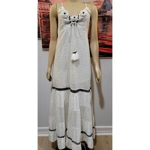 BAROK PARIS White Black Embroidered boho Eyelet Tiered Tassels Maxi Dress S/M #F